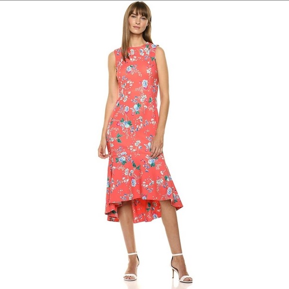 Calvin Klein Floral High Low Flounce Coral Dress 4 - Picture 2 of 10